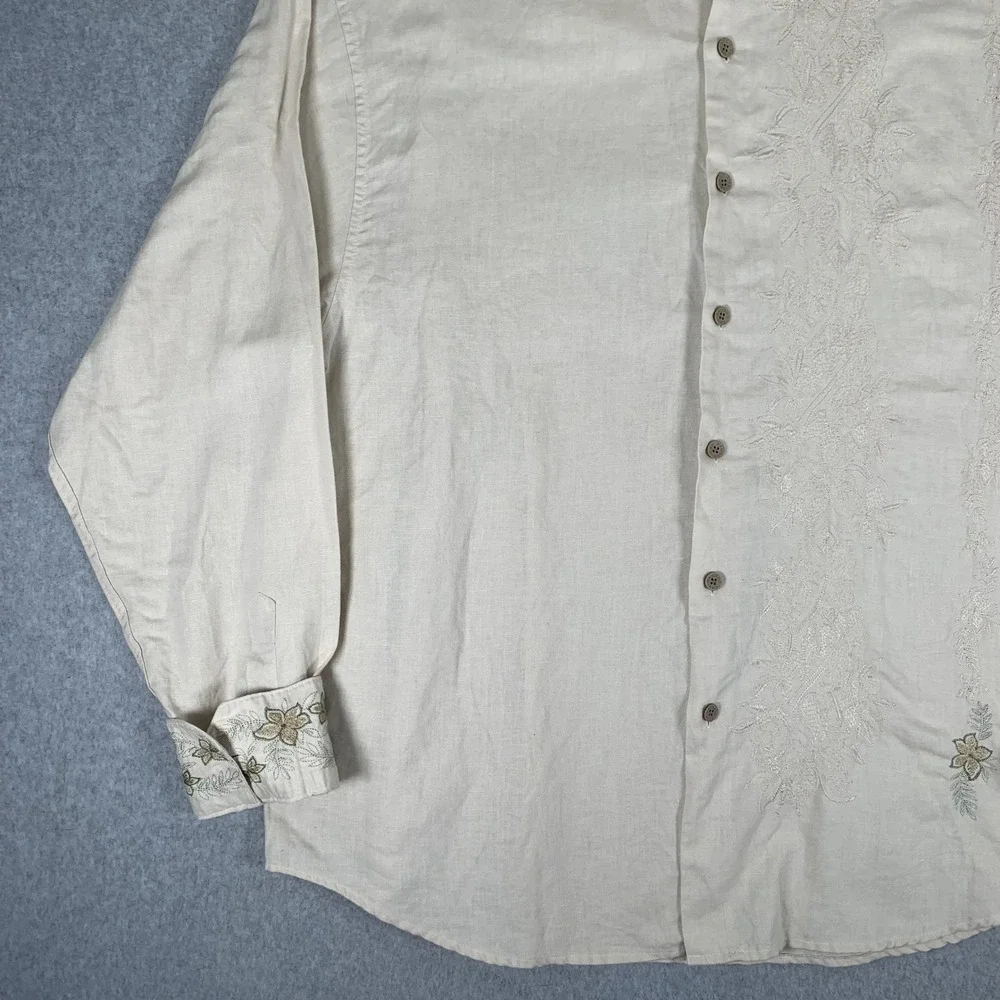 Bamboo Cay Button Down Shirt Mens XL Cream Linen Cotton Floral Embroidered